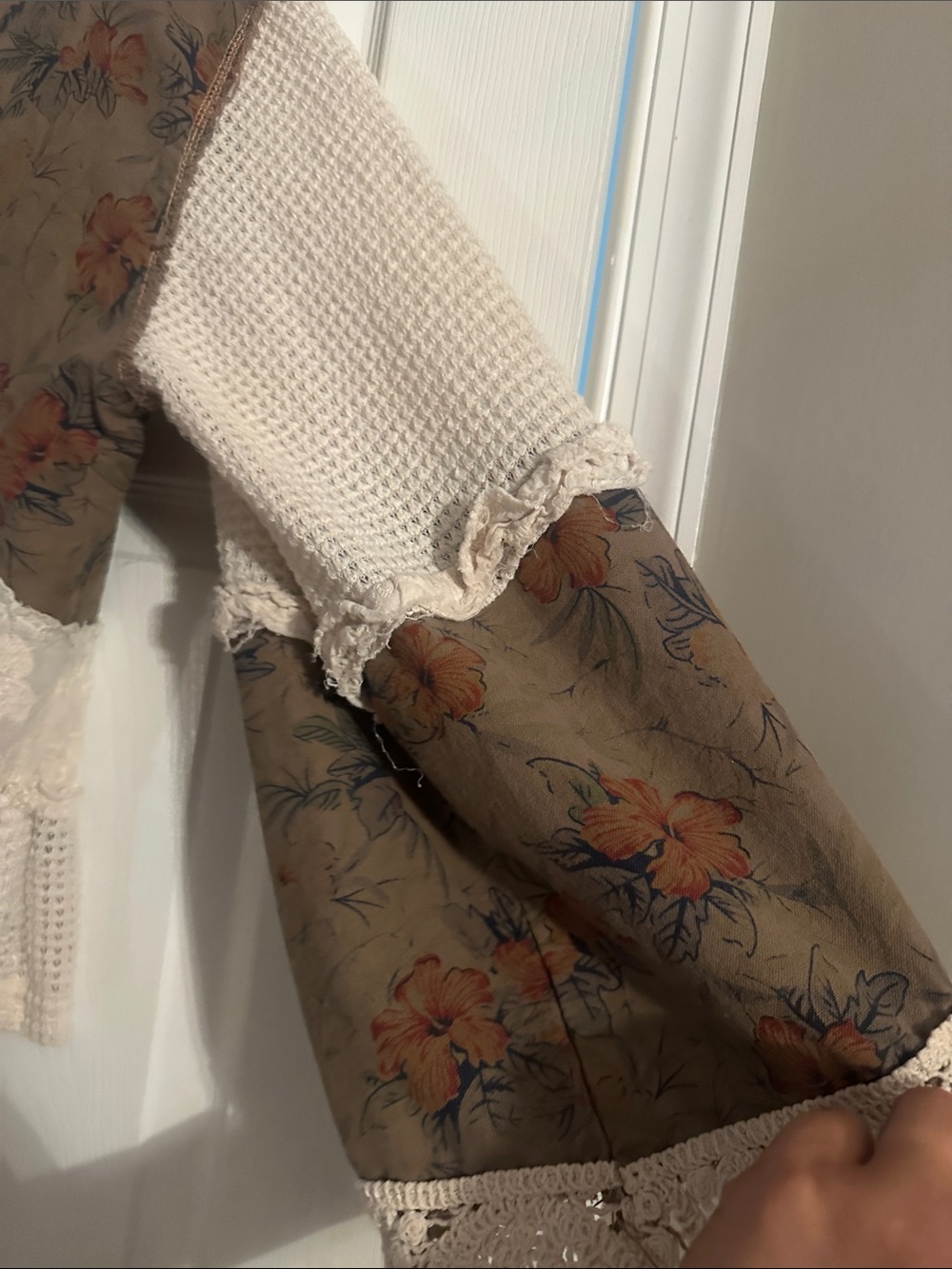 POL Boho Patchwork V‑Neck Ruffle Blouse in Cream and Olive Brown - Picture 5 of 7